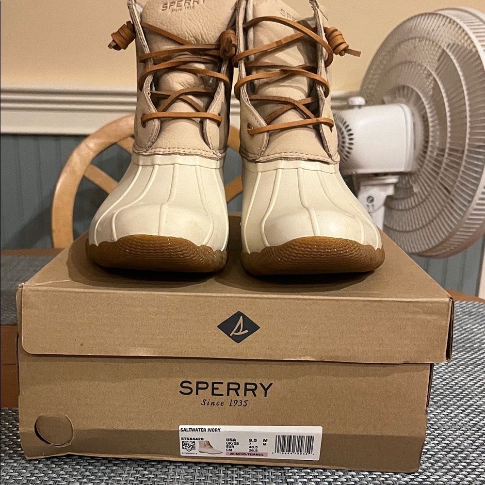 Sperry Ivory and Tan Duck Boots